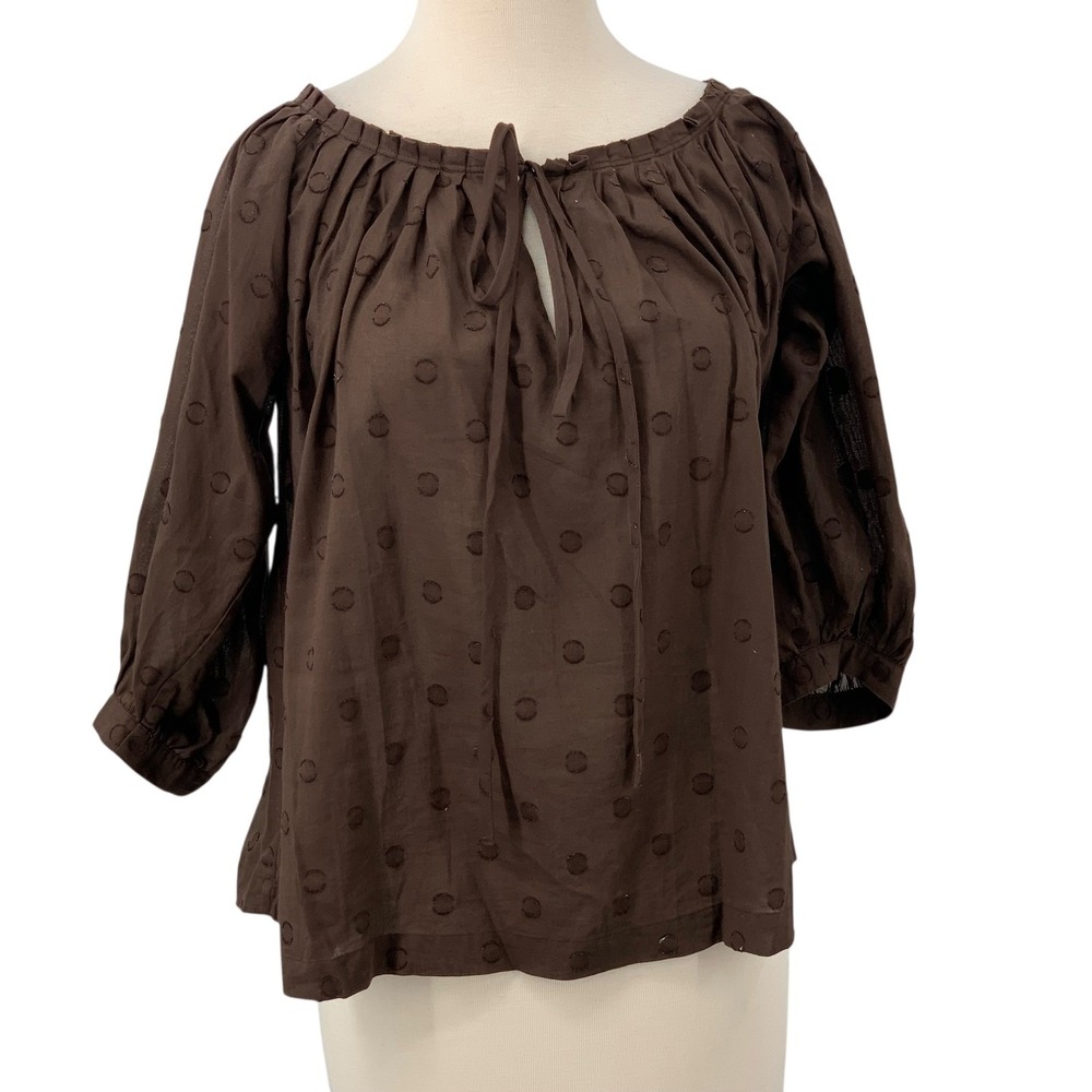 Michael Kors Women's 3/4 Sleeve Brown Pleated Peasant Blouse Eyelet Tie Neck XS